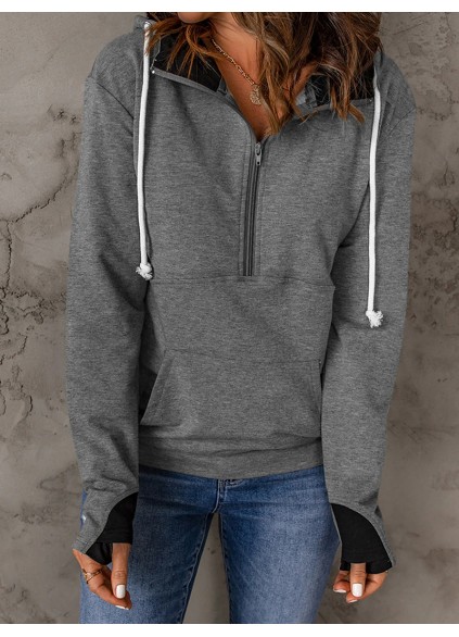 Casual solid color drawstring zipper sweatshirt