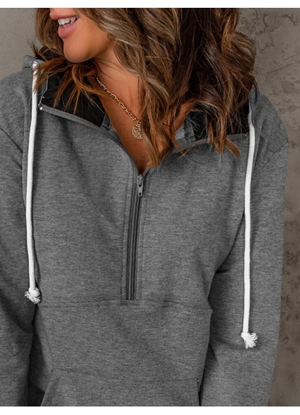 Casual solid color drawstring zipper sweatshirt