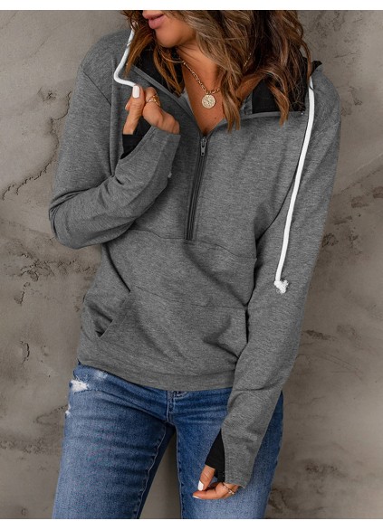 Casual solid color drawstring zipper sweatshirt