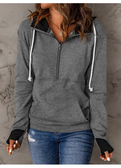 Casual solid color drawstring zipper sweatshirt