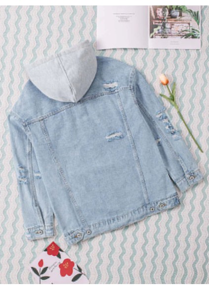 Casual solid color patchwork hooded denim jacket