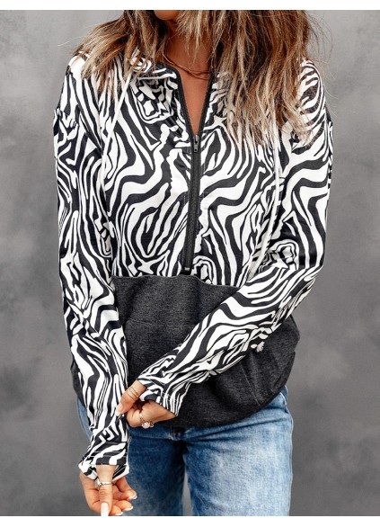 Casual zebra print patchwork zipper sweatshirt