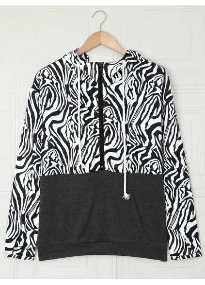 Casual zebra print patchwork zipper sweatshirt