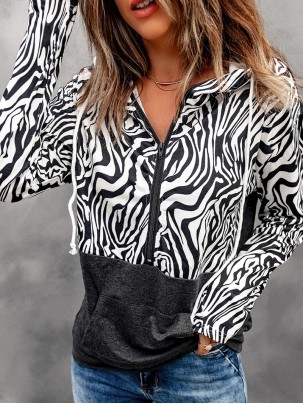 Casual zebra print patchwork zipper sweatshirt