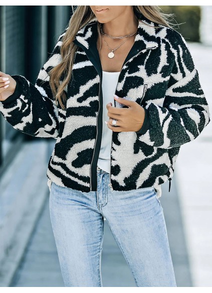 Casual zebra print sherpa jacket