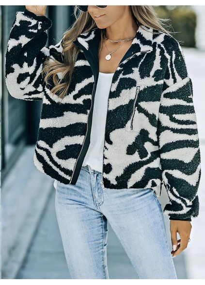 Casual zebra print sherpa jacket