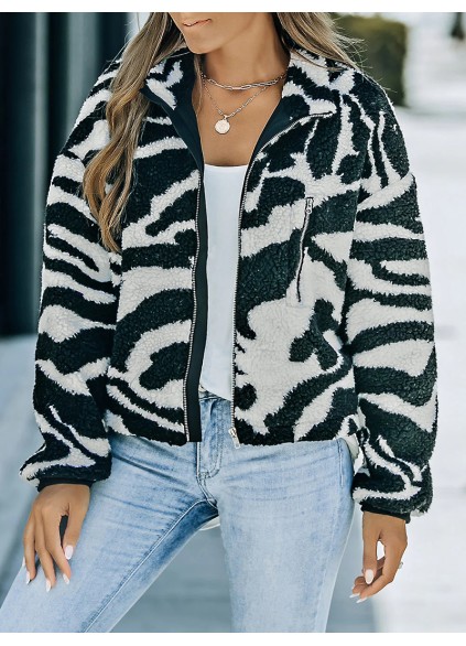 Casual zebra print sherpa jacket