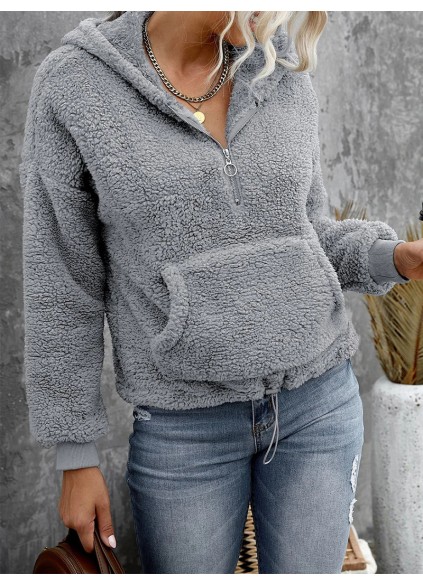 Casual zipper sherpa solid color hoodie