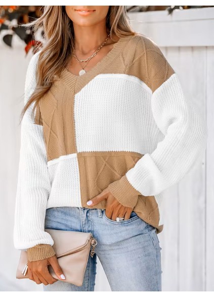 Check color block cable knit sweater