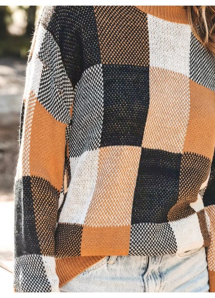 Checked color-blocked drop-sleeve sweater