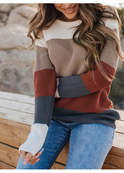 Color Block Knitted O-neck Pullover Sweater