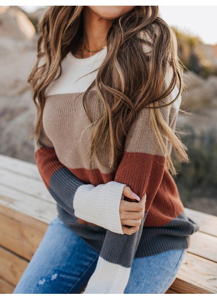 Color Block Knitted O-neck Pullover Sweater