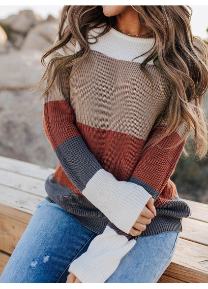 Color Block Knitted O-neck Pullover Sweater