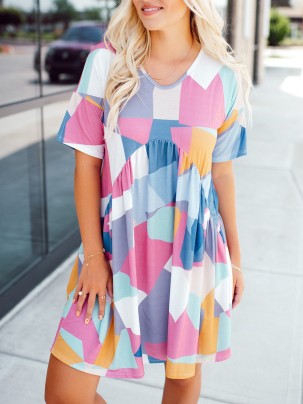 Contrast geometric pattern pleated dress