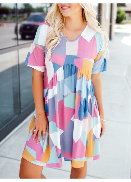 Contrast geometric pattern pleated dress