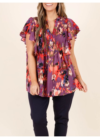 Contrast pattern ruffled short sleeved shirt