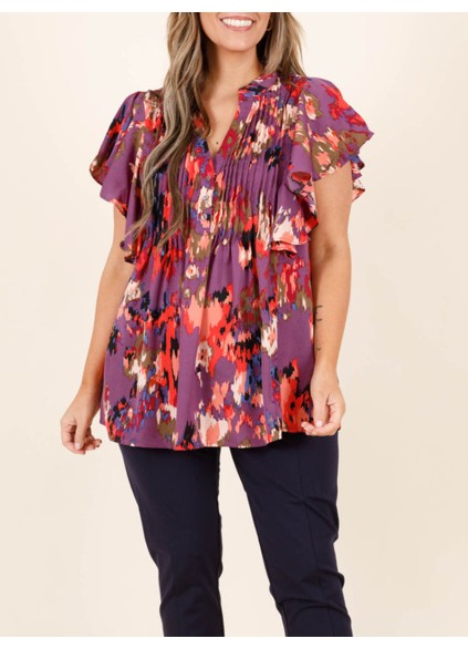 Contrast pattern ruffled short sleeved shirt