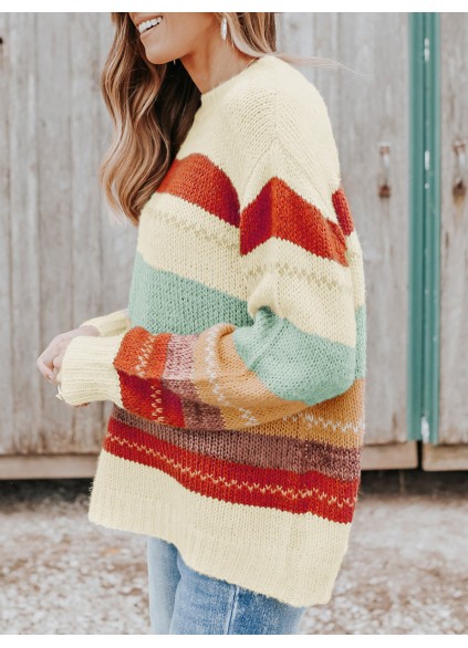 Crew Neck Drop-shoulder Striped Color Block Sweater