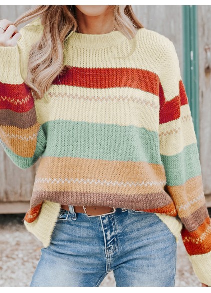 Crew Neck Drop-shoulder Striped Color Block Sweater