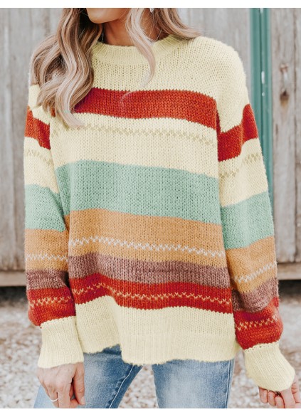 Crew Neck Drop-shoulder Striped Color Block Sweater