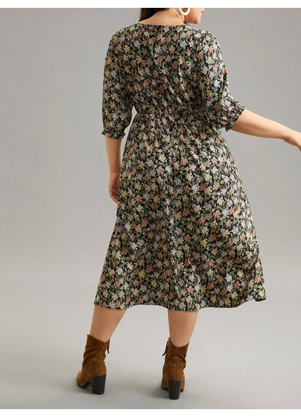 Crew-neck spliced plus-size floral dress for women