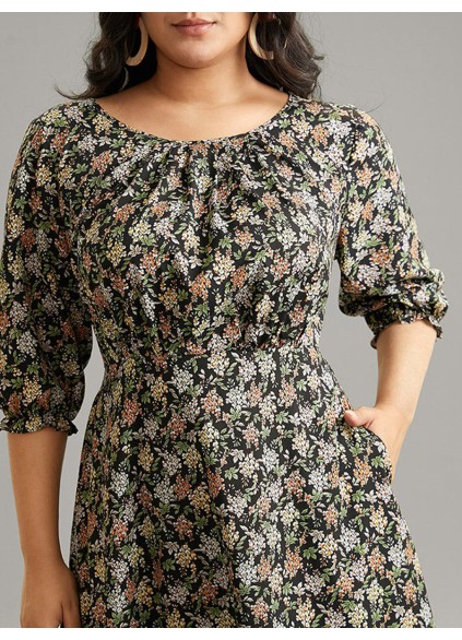 Crew-neck spliced plus-size floral dress for women