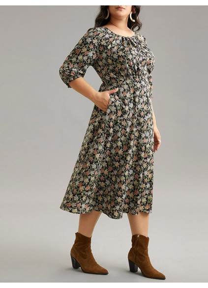 Crew-neck spliced plus-size floral dress for women