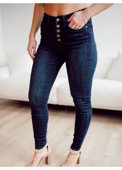 Dark blue high waisted metal button skinny jeans