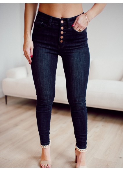 Dark blue high waisted metal button skinny jeans