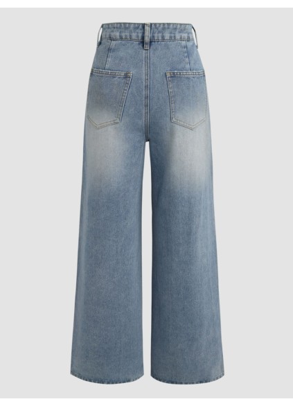 Denim Pleated Straight Leg Jeans