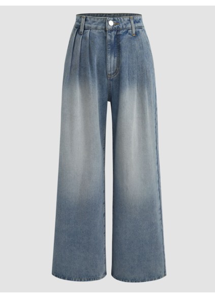 Denim Pleated Straight Leg Jeans