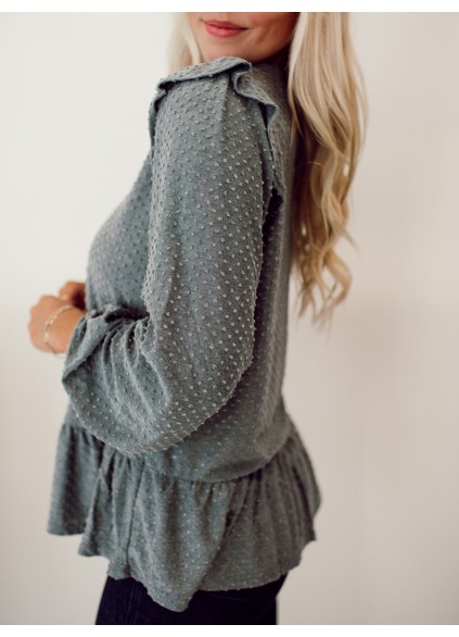 Dotted Ruffle Edge Long Sleeve Top