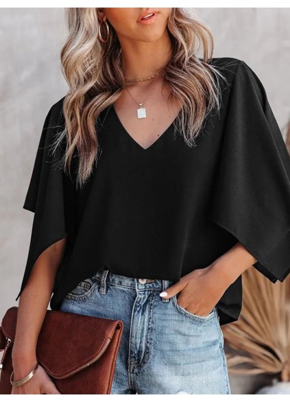 Elegant black loose V-neck shirt