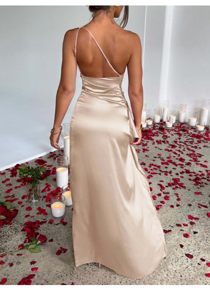 Elegant off-shoulder slit solid color dress