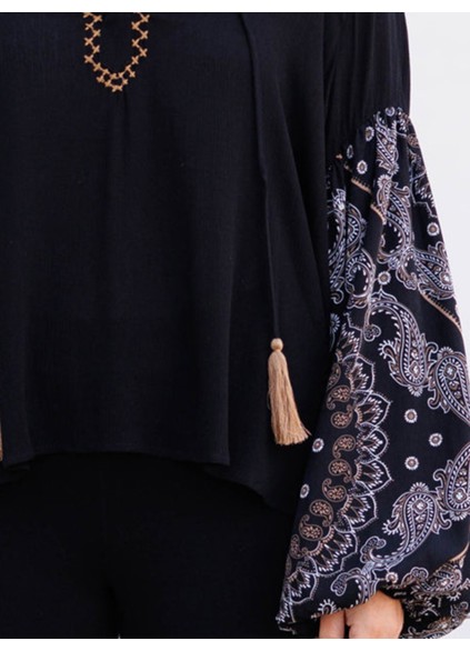 Embroidered lace up lantern sleeve shirt with patchwork cashew pattern