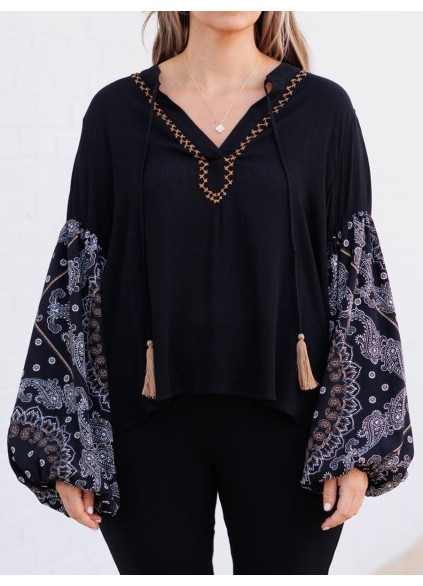 Embroidered lace up lantern sleeve shirt with patchwork cashew pattern