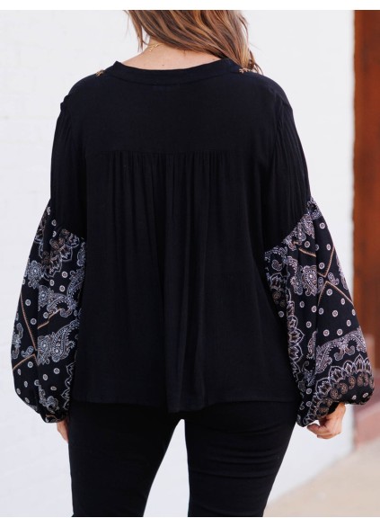 Embroidered lace up lantern sleeve shirt with patchwork cashew pattern