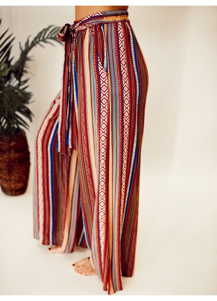 Ethnic pattern stripe pattern with waistband wide leg pants