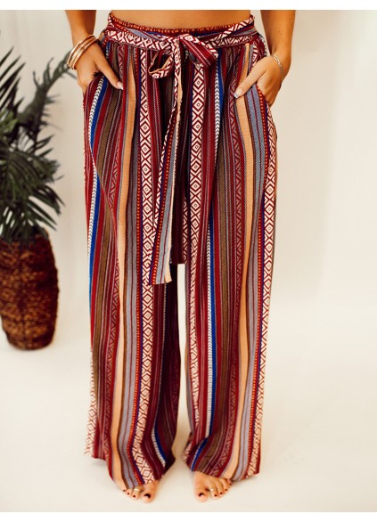 Ethnic pattern stripe pattern with waistband wide leg pants