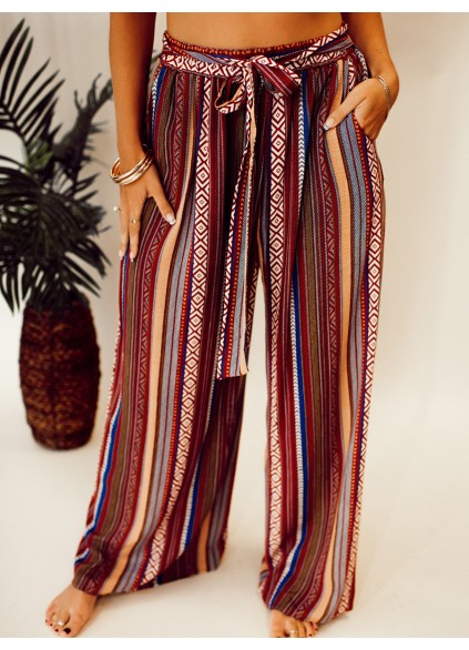 Ethnic pattern stripe pattern with waistband wide leg pants