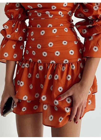 Fashionable Square Neck Printed Puff Sleeve Dress