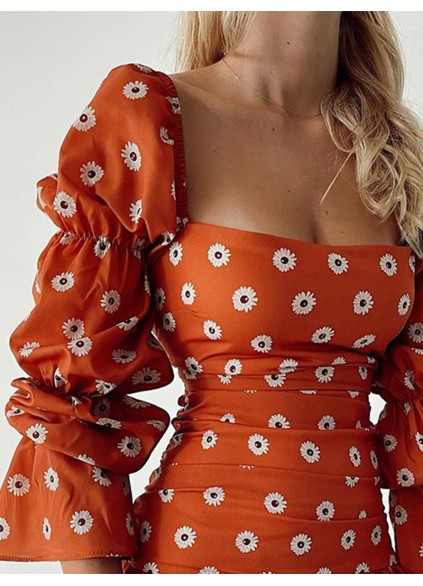 Fashionable Square Neck Printed Puff Sleeve Dress