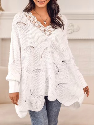 Floral lace pointelle-knit scalloped sweater