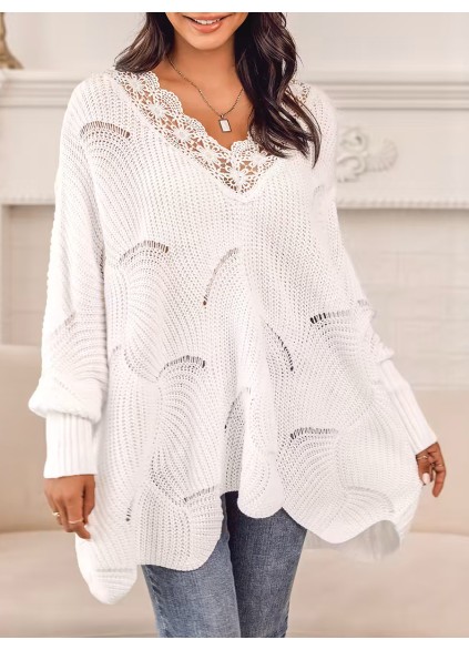 Floral lace pointelle-knit scalloped sweater