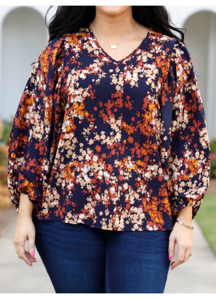 Floral pattern V-neck lantern sleeve shirt