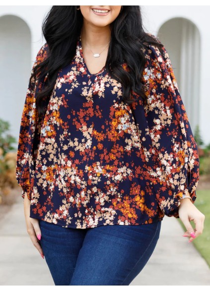 Floral pattern V-neck lantern sleeve shirt