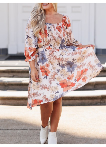 Floral patterned square neck pleated loose fitting dress