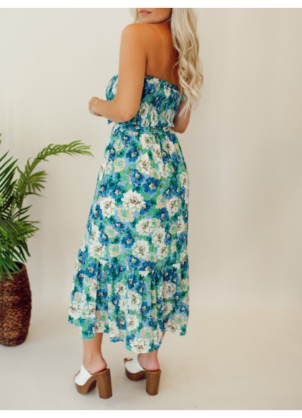 Floral patterned strapless mid length dress