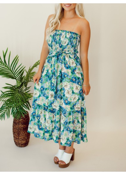 Floral patterned strapless mid length dress