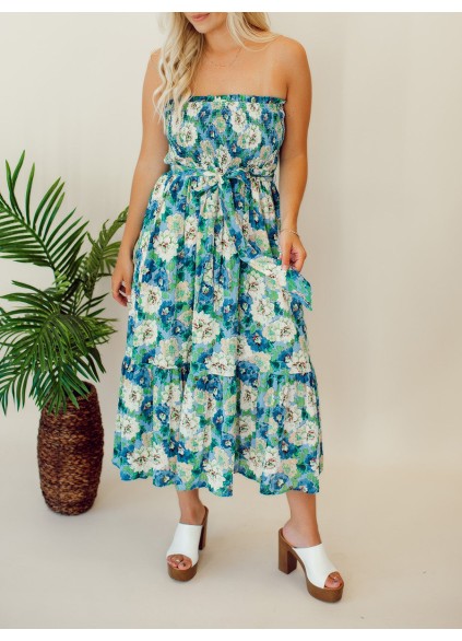 Floral patterned strapless mid length dress